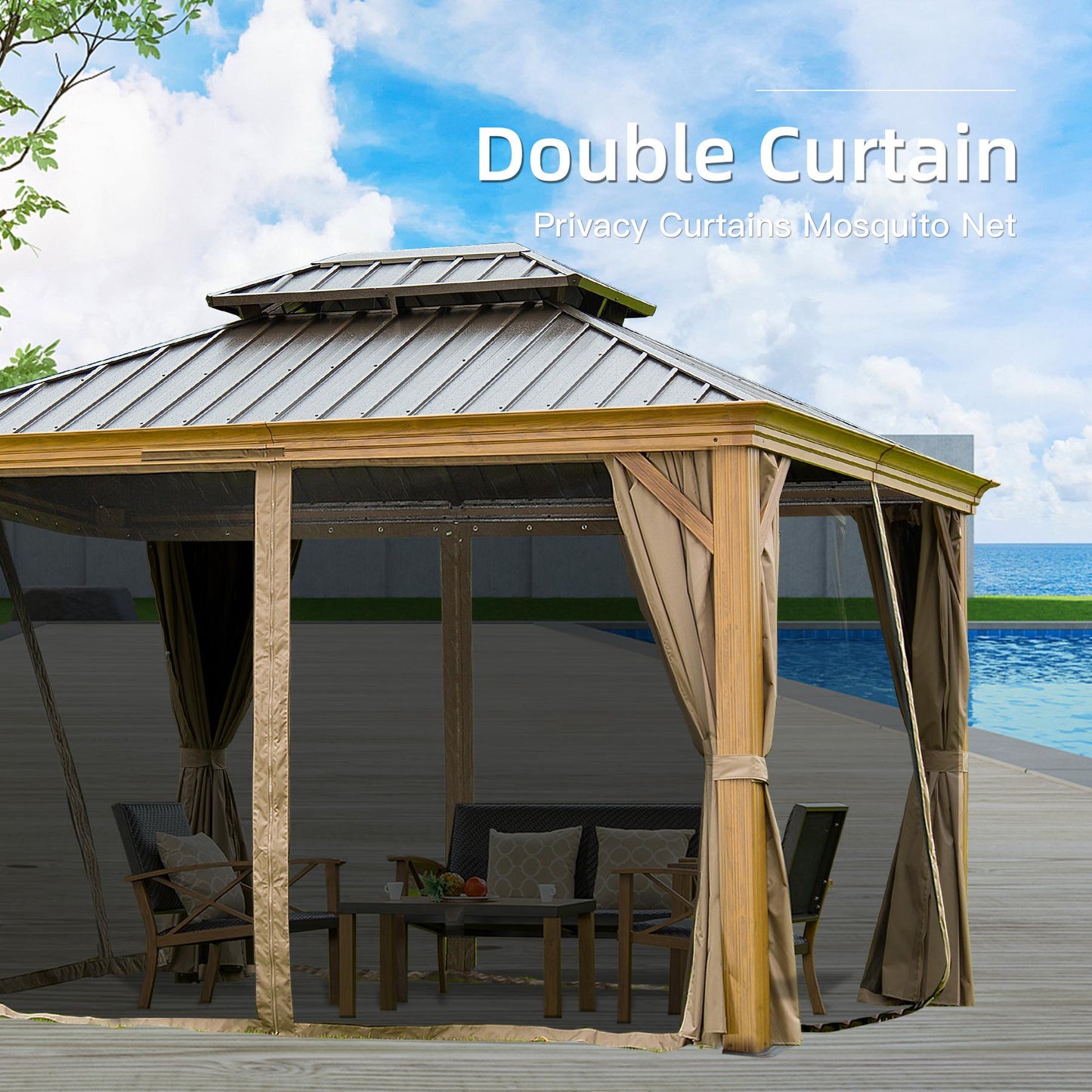 Outdoor Aluminum Canopy with Mosquito Net and Curtains