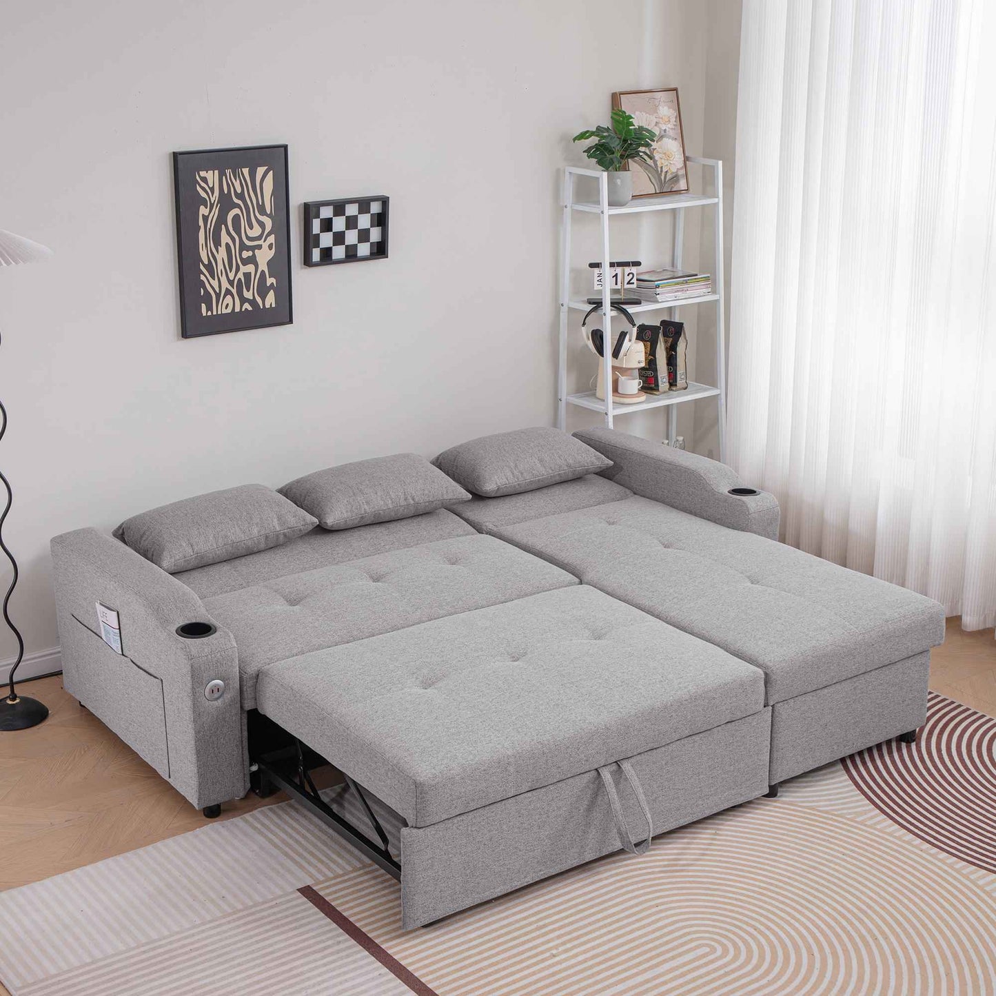 Sofá Cama Con Respaldo Ajustable de 84" 3 en 1 de Lino Con Puertos USB Y Portavasos - Alex Bazar Mx