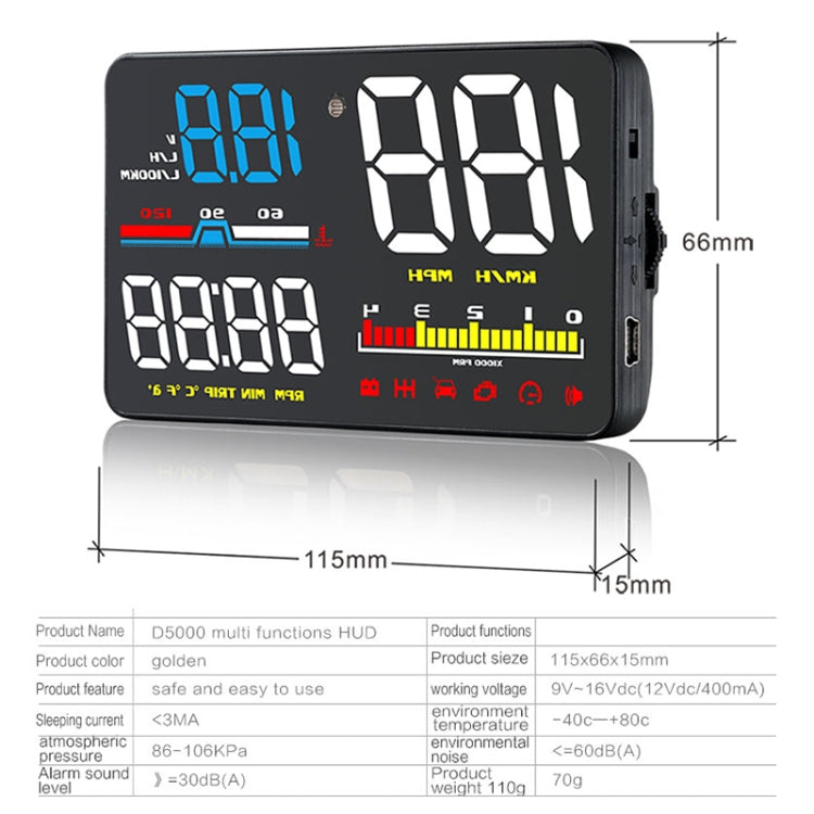 D5000 OBD2 Universal 5-inch Head-up Display Speed and Safety System