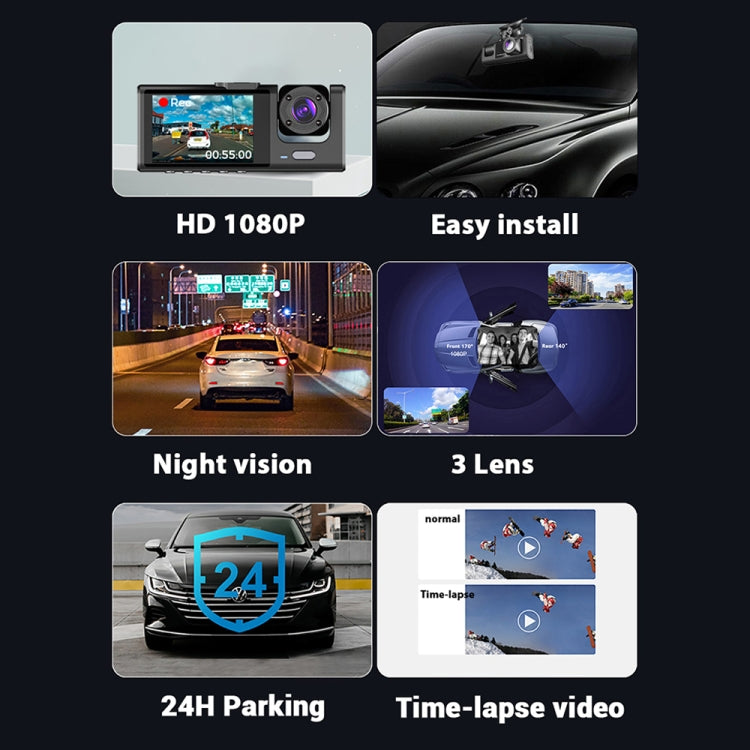 Car Dash Cam with HD Night Vision and 3-Lens Video