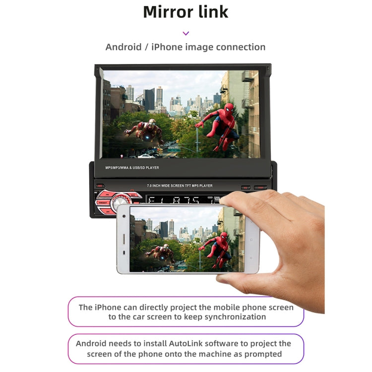 9601C 7 Inch HD Universal Car Retractable Screen MP5 Player with CarPlay