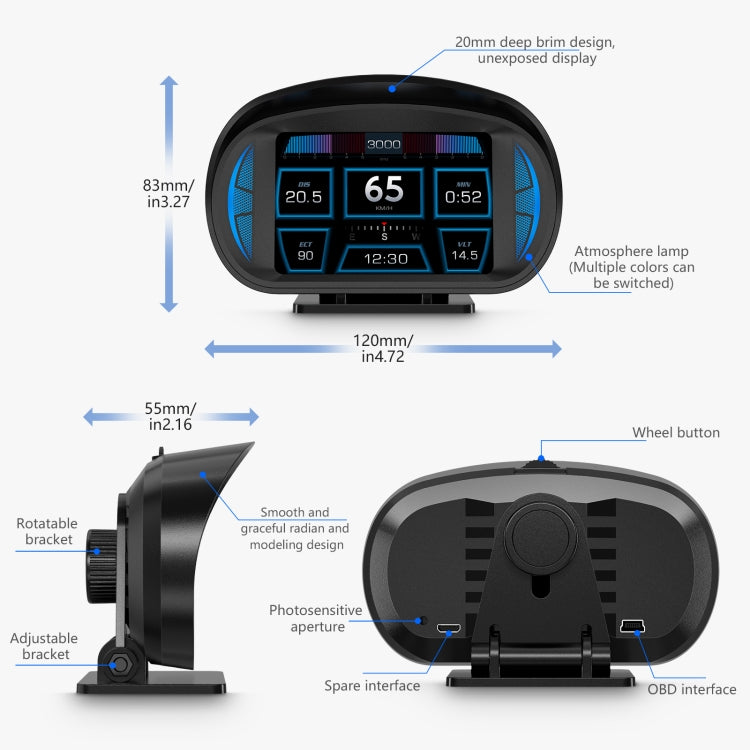 Universal HUD Head-up Display P2 3 Inch Multifunction HD OBD LCD Speed Meter GPS Instrument