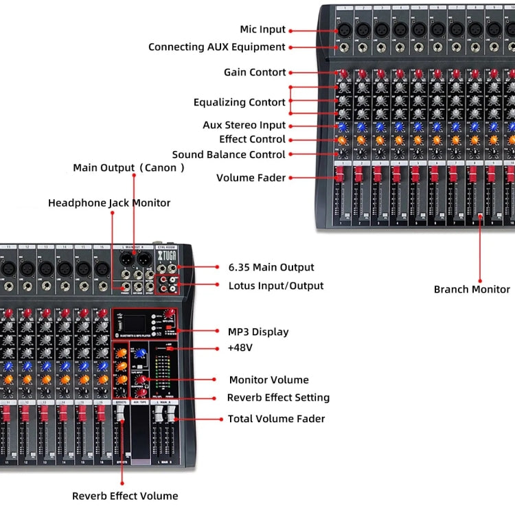 XTUGA CT160X 16-Channel DJ Audio Mixer Console with 48V Power