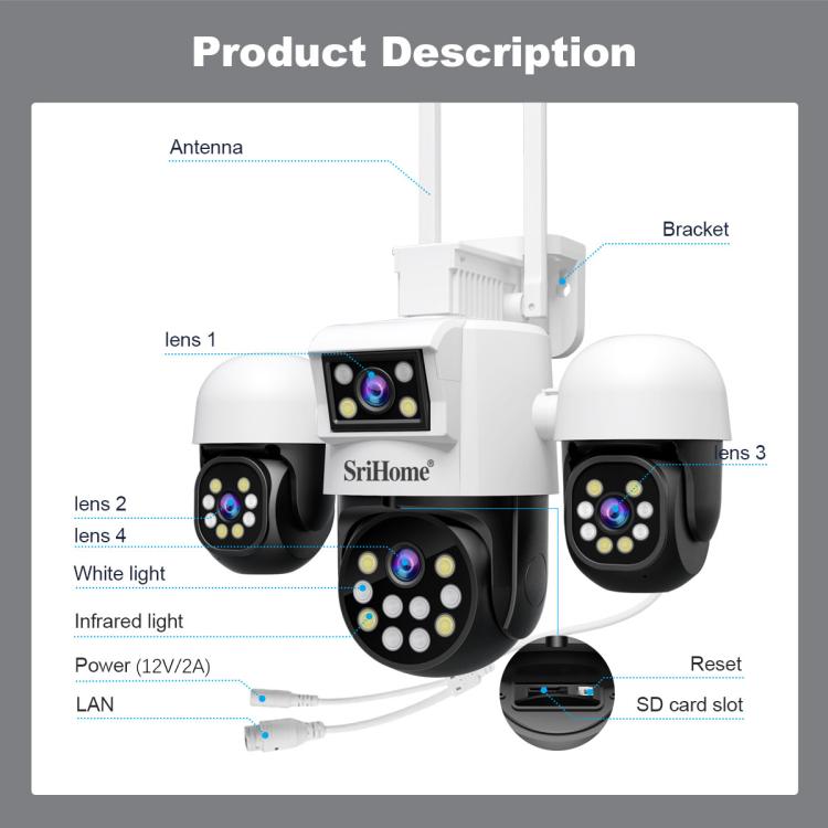Cámara De Seguridad SriHome SH069 De 8 MP Zoom Digital 3X 4 Lentes HD