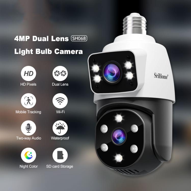 SriHome SH068 E27 4MP HD IP66 Waterproof Outdoor Dual Lens Bulb Camera