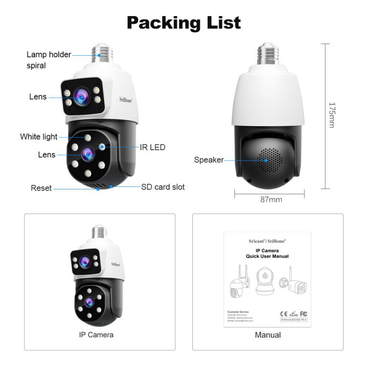 SriHome SH068 E27 4MP HD IP66 Waterproof Outdoor Dual Lens Bulb Camera