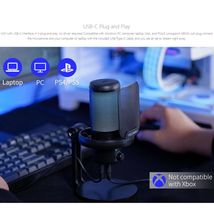 FEELWORLD VM1 USB Condenser Microphone with Noise Cancellation and RGB Light VM1-XS