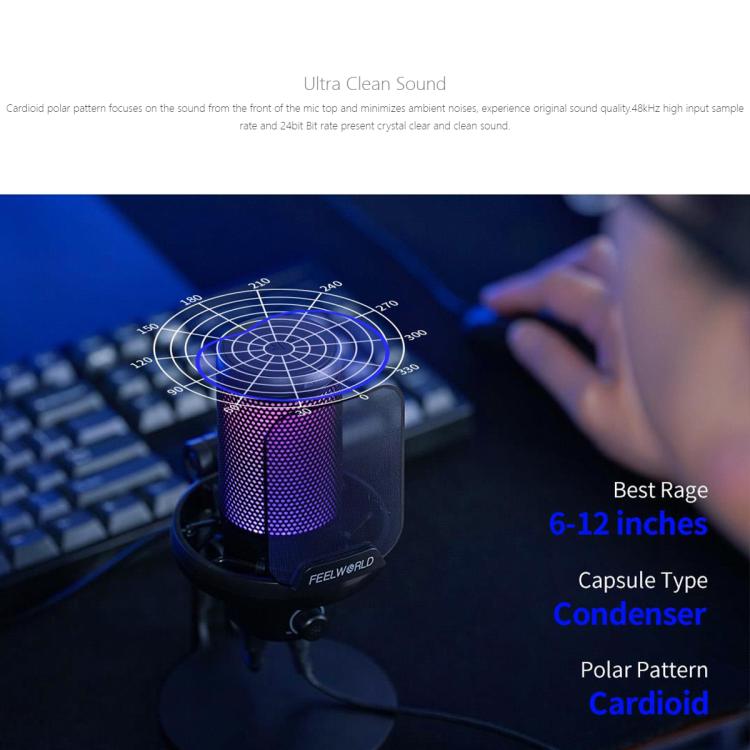 FEELWORLD VM1 USB Condenser Microphone with Noise Cancellation and RGB Light VM1-XS