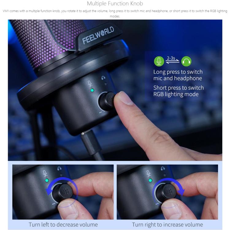 FEELWORLD VM1 USB Condenser Microphone with Noise Cancellation and RGB Light VM1-XS
