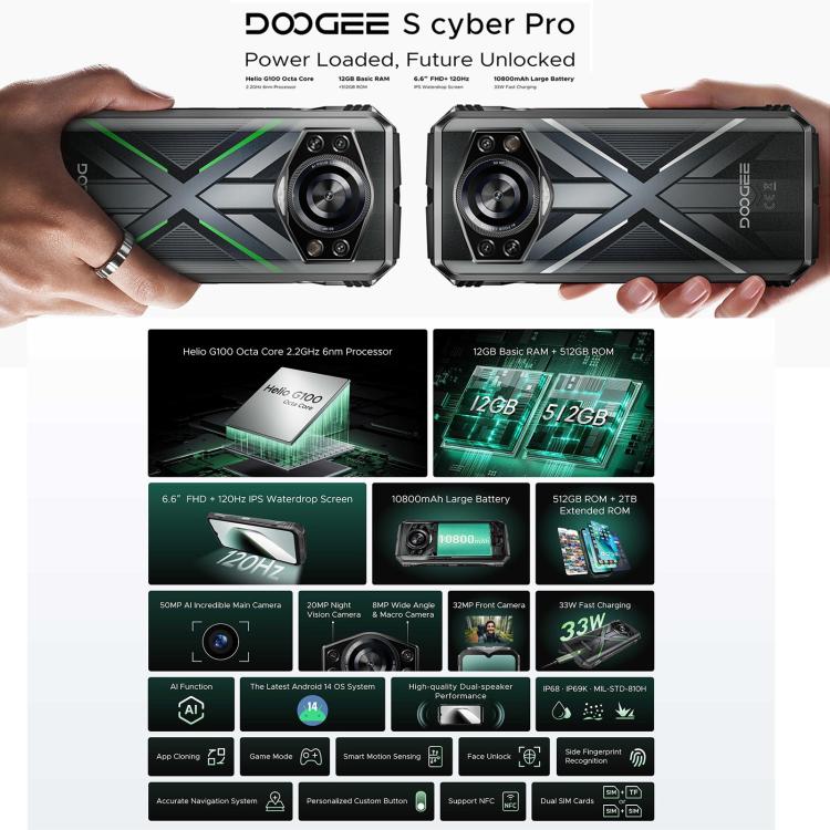 DOOGEE S Cyber Pro, huella dactilar lateral, visión nocturna, 12 GB + 512 GB, 6,6 pulgadas Android 14 Helio G100 Octa Core, red: 4G, OTG, NFC