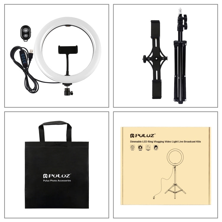 Luz PULUZ de 10,2 pulgadas y 26 cm + soporte para trípode de 1,1 m + soportes duales para teléfono USB 3 modos Regulable Temperatura de color dual Anillo de luz LED curvada difusa Vlogging Selfie Fotografía Luces de video con abrazadera para teléfono y...