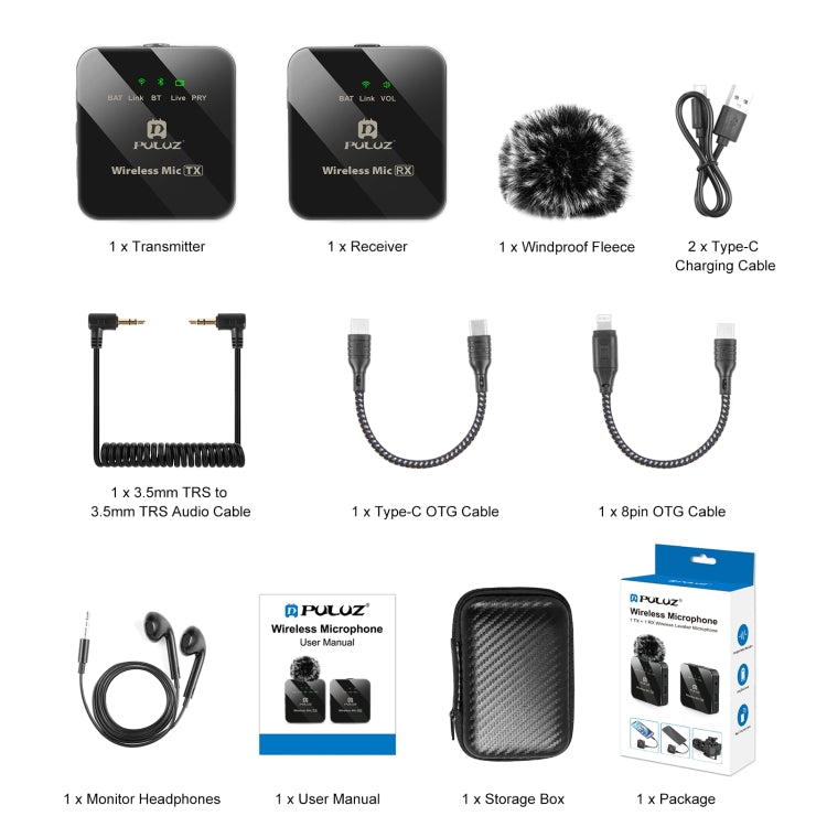 PULUZ Wireless Lavalier Microphone 1 TX + 1 RX, 1 TX + 1 RX