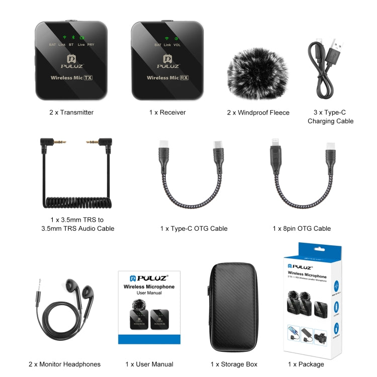PULUZ Wireless Lavalier Microphone 2 TX + 1 RX, 2 TX + 1 RX