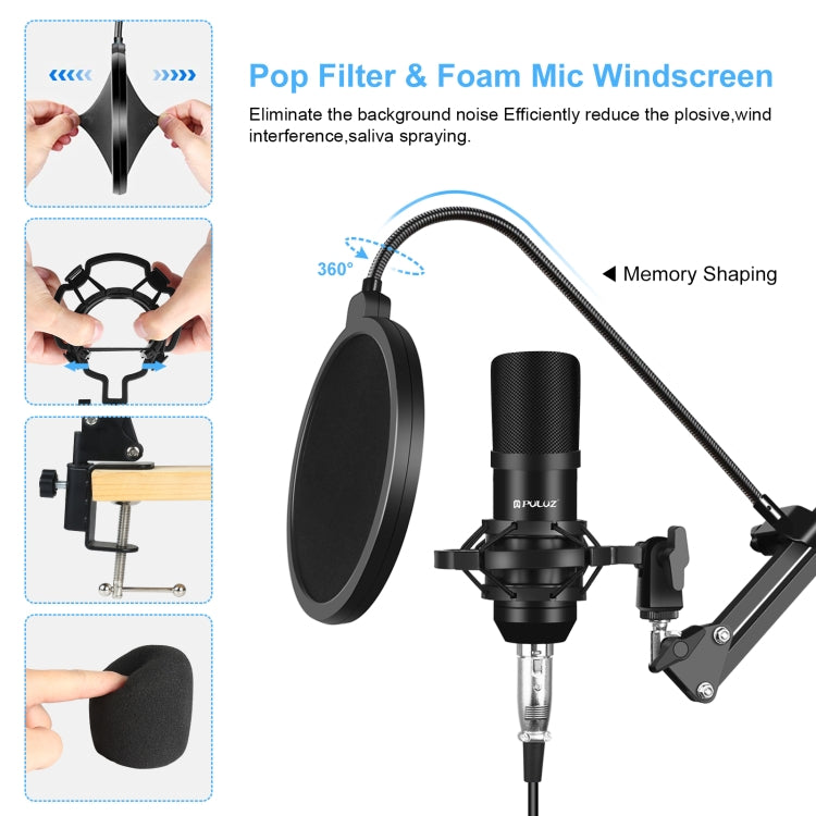 PULUZ Condenser Microphone Studio Streaming Professional Singing Microphone Kits with Suspension Scissor Arm, Metal Shock Mount and USB Sound Card, Microphone Kits (Black), Microphone Kits (Gold), Microphone Kits (Silver)