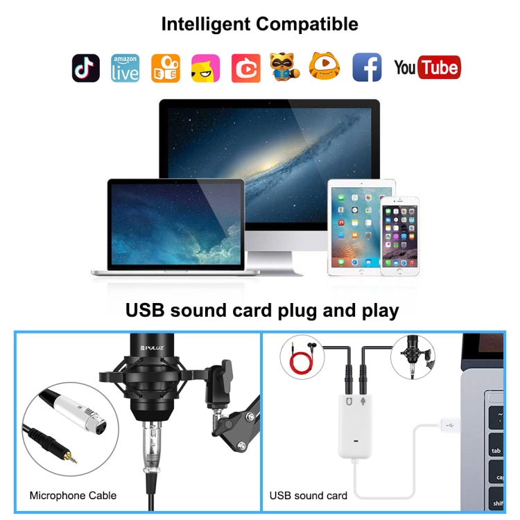 PULUZ Condenser Microphone Studio Streaming Professional Singing Microphone Kits with Suspension Scissor Arm, Metal Shock Mount and USB Sound Card, Microphone Kits (Black), Microphone Kits (Gold), Microphone Kits (Silver)