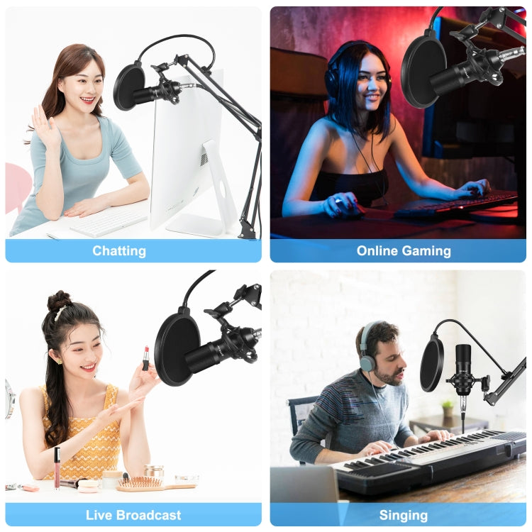 PULUZ Condenser Microphone Studio Streaming Professional Singing Microphone Kits with Suspension Scissor Arm, Metal Shock Mount and USB Sound Card, Microphone Kits (Black), Microphone Kits (Gold), Microphone Kits (Silver)