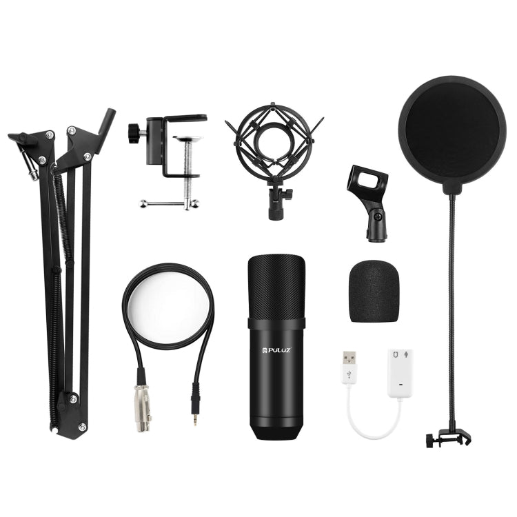 PULUZ Condenser Microphone Studio Streaming Professional Singing Microphone Kits with Suspension Scissor Arm, Metal Shock Mount and USB Sound Card, Microphone Kits (Black), Microphone Kits (Gold), Microphone Kits (Silver)