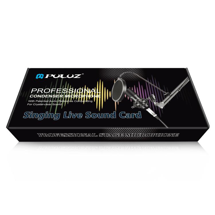 PULUZ Condenser Microphone Studio Streaming Professional Singing Microphone Kits with Suspension Scissor Arm, Metal Shock Mount and USB Sound Card, Microphone Kits (Black), Microphone Kits (Gold), Microphone Kits (Silver)