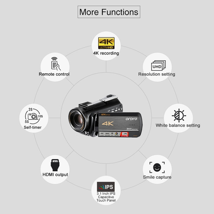 4K HD Camcorder Night Vision WiFi 12X Optical Zoom Digital Video DV ORDRO AC5