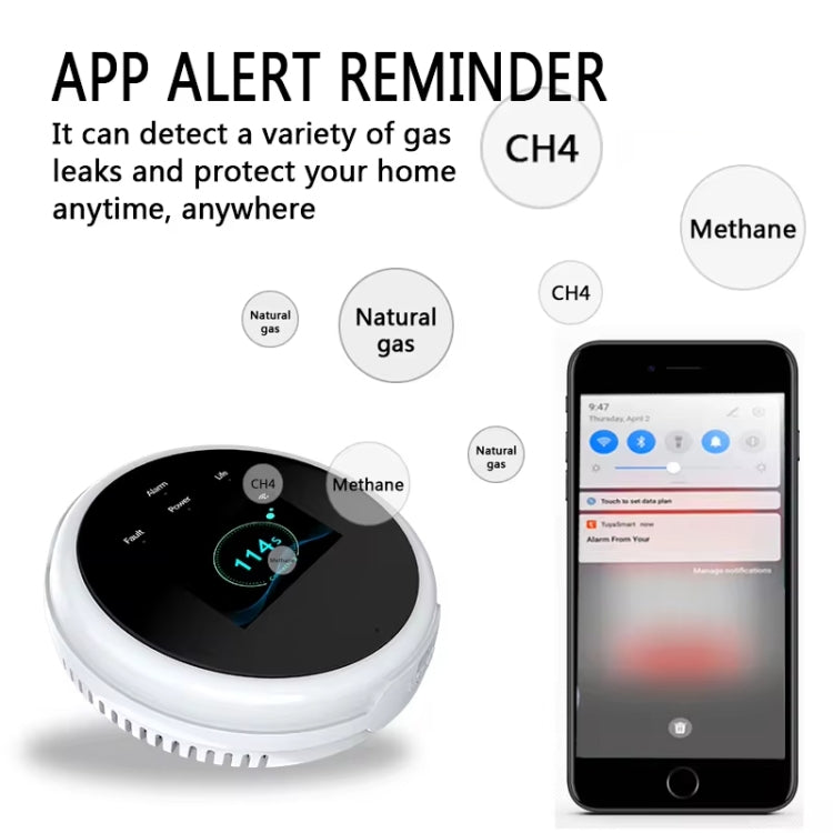 Detector de fugas de gas Tuya WiFi con función de reloj de temperatura compatible con alarma de voz humana, GS21