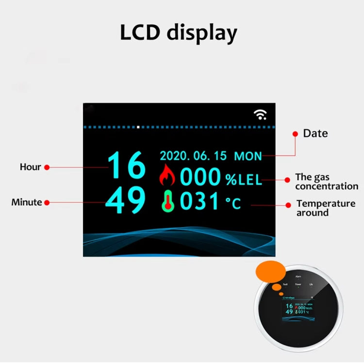 Detector de fugas de gas Tuya WiFi con función de reloj de temperatura compatible con alarma de voz humana, GS21