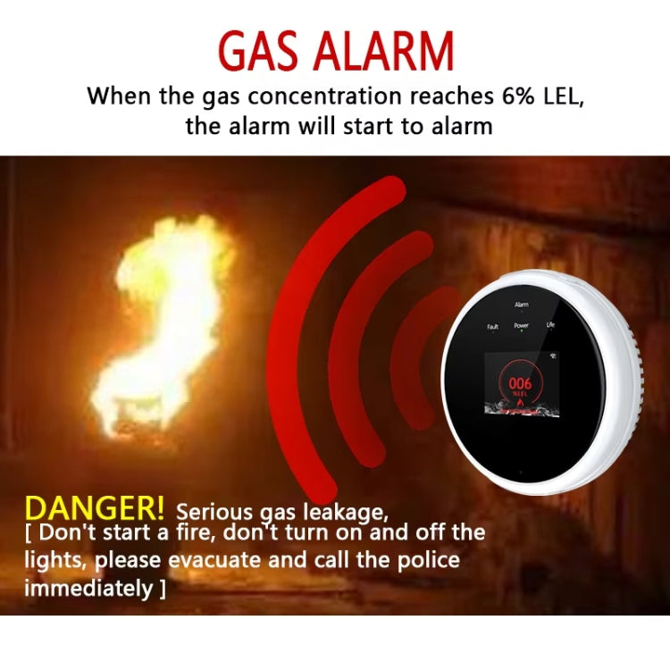 Detector de fugas de gas Tuya WiFi con función de reloj de temperatura compatible con alarma de voz humana, GS21