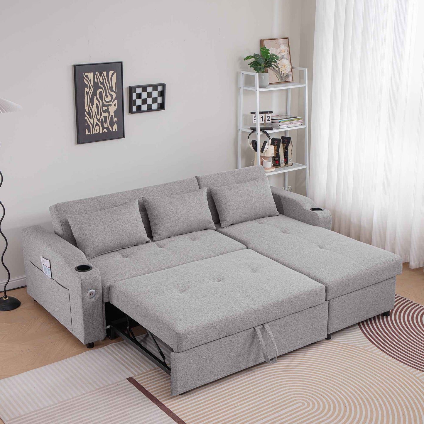 Sofá Cama Con Respaldo Ajustable de 84" 3 en 1 de Lino Con Puertos USB Y Portavasos - Alex Bazar Mx