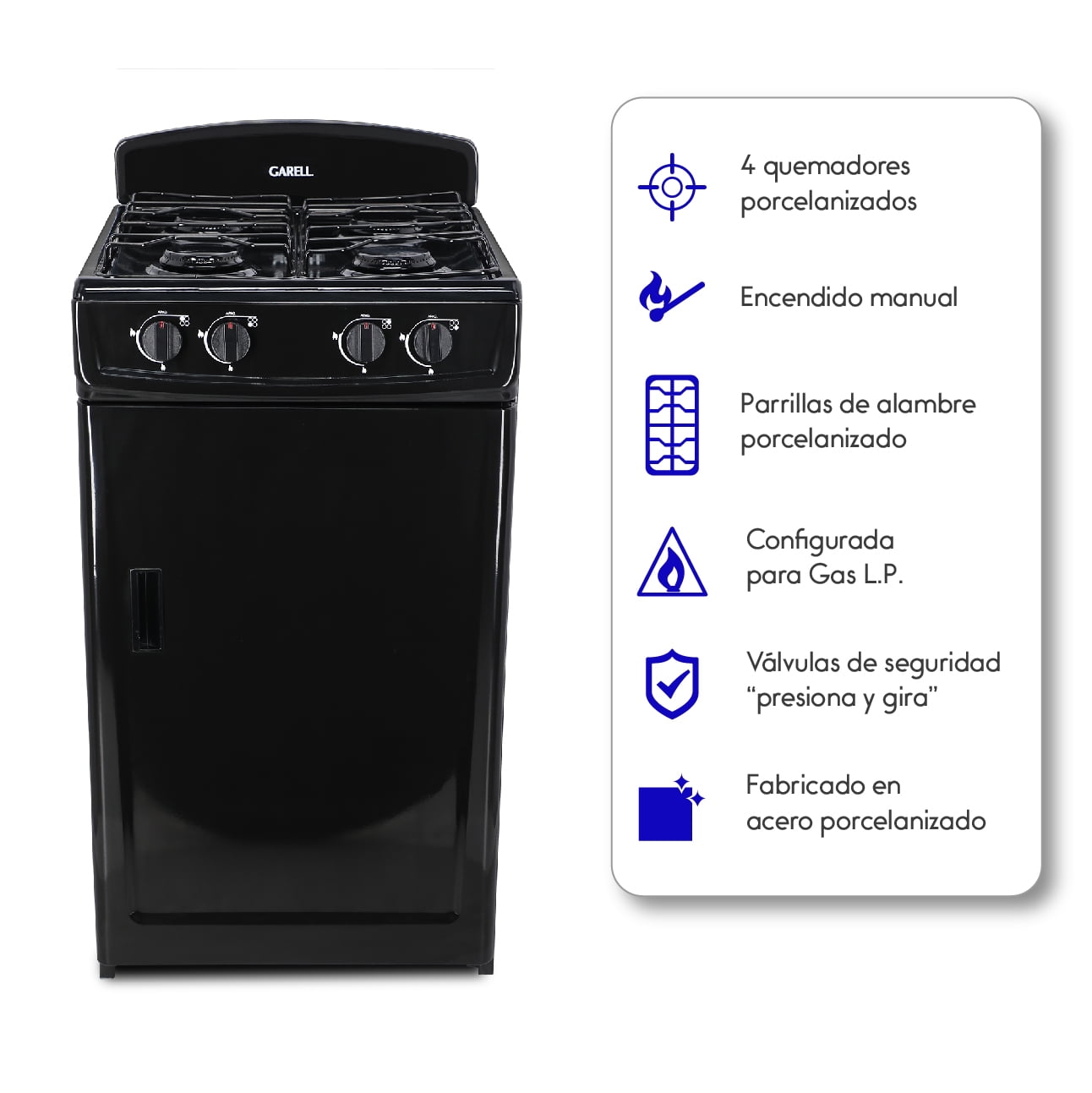 Estufa Parrilla de Gas Garell 4 Quemadores 20 Pulgadas Negra