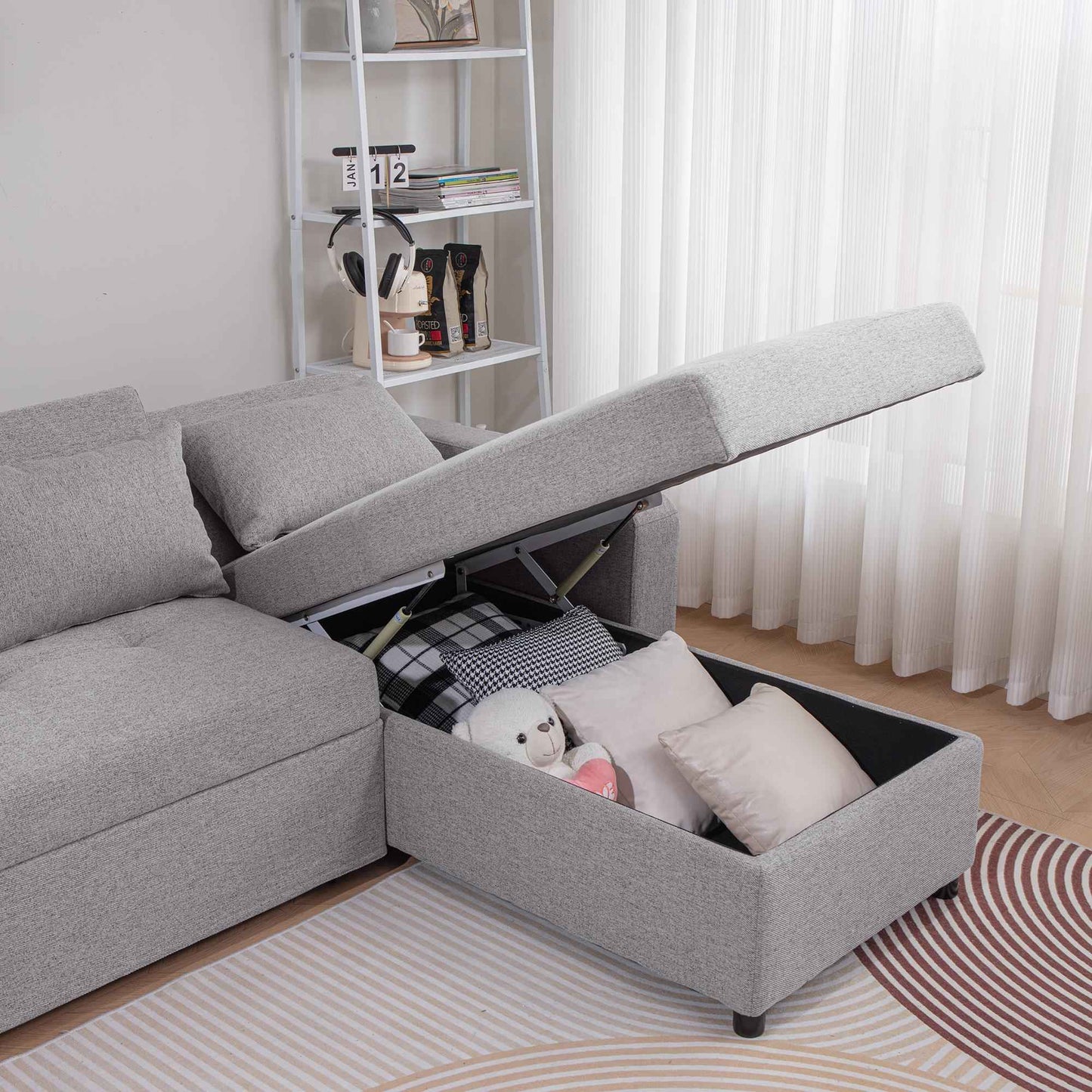 Sofá Cama Con Respaldo Ajustable de 84" 3 en 1 de Lino Con Puertos USB Y Portavasos - Alex Bazar Mx