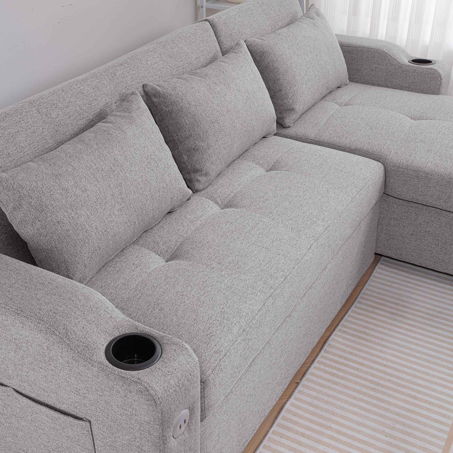 Sofá Cama Con Respaldo Ajustable de 84" 3 en 1 de Lino Con Puertos USB Y Portavasos - Alex Bazar Mx