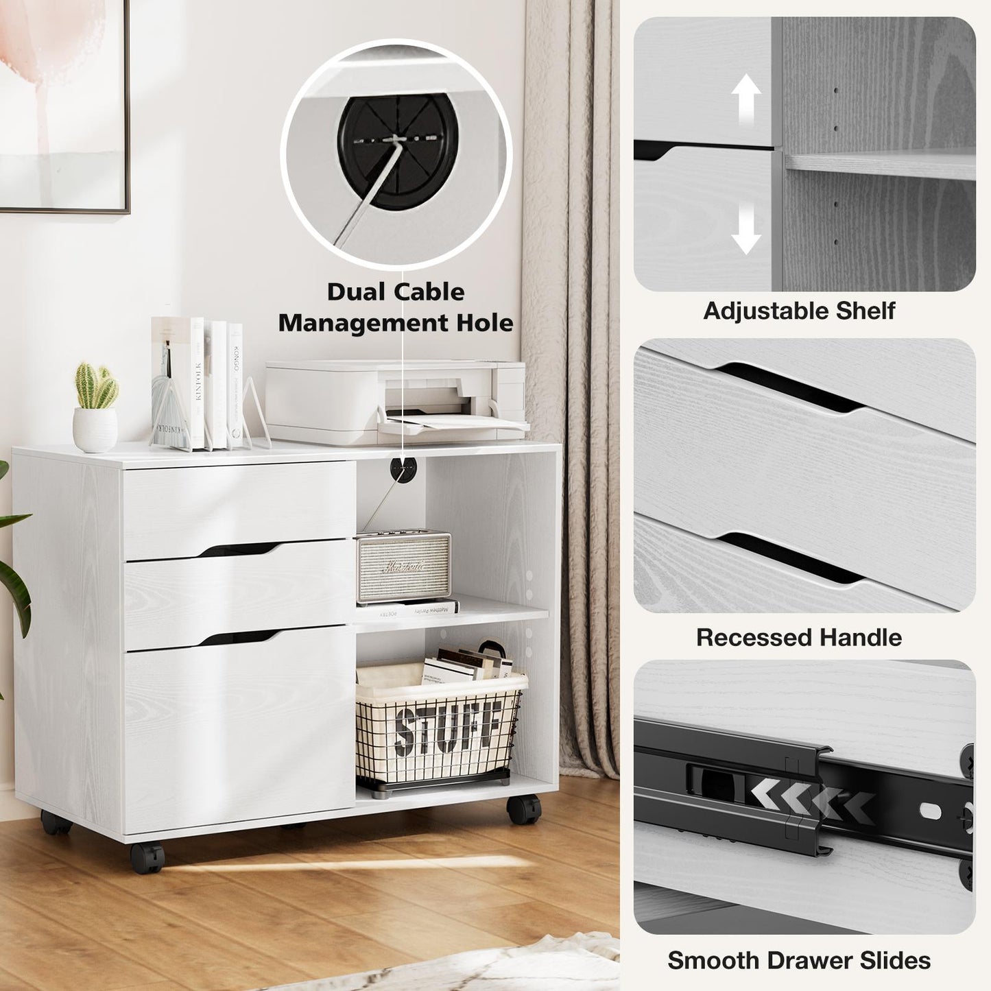 3-Drawer Wooden Filing Cabinet with Printer Stand and Storage