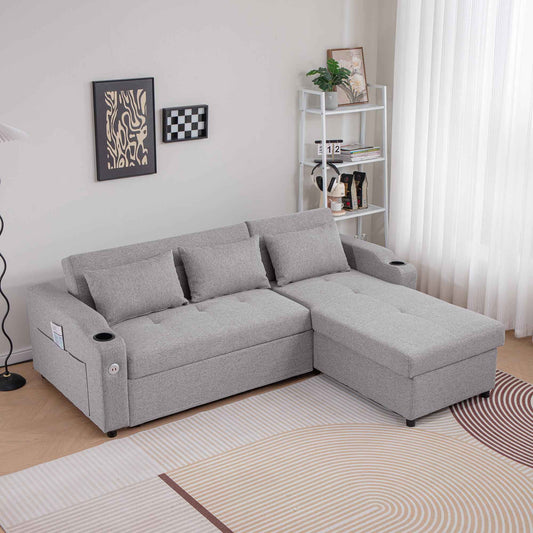 Sofá Cama Con Respaldo Ajustable de 84" 3 en 1 de Lino Con Puertos USB Y Portavasos - Alex Bazar Mx