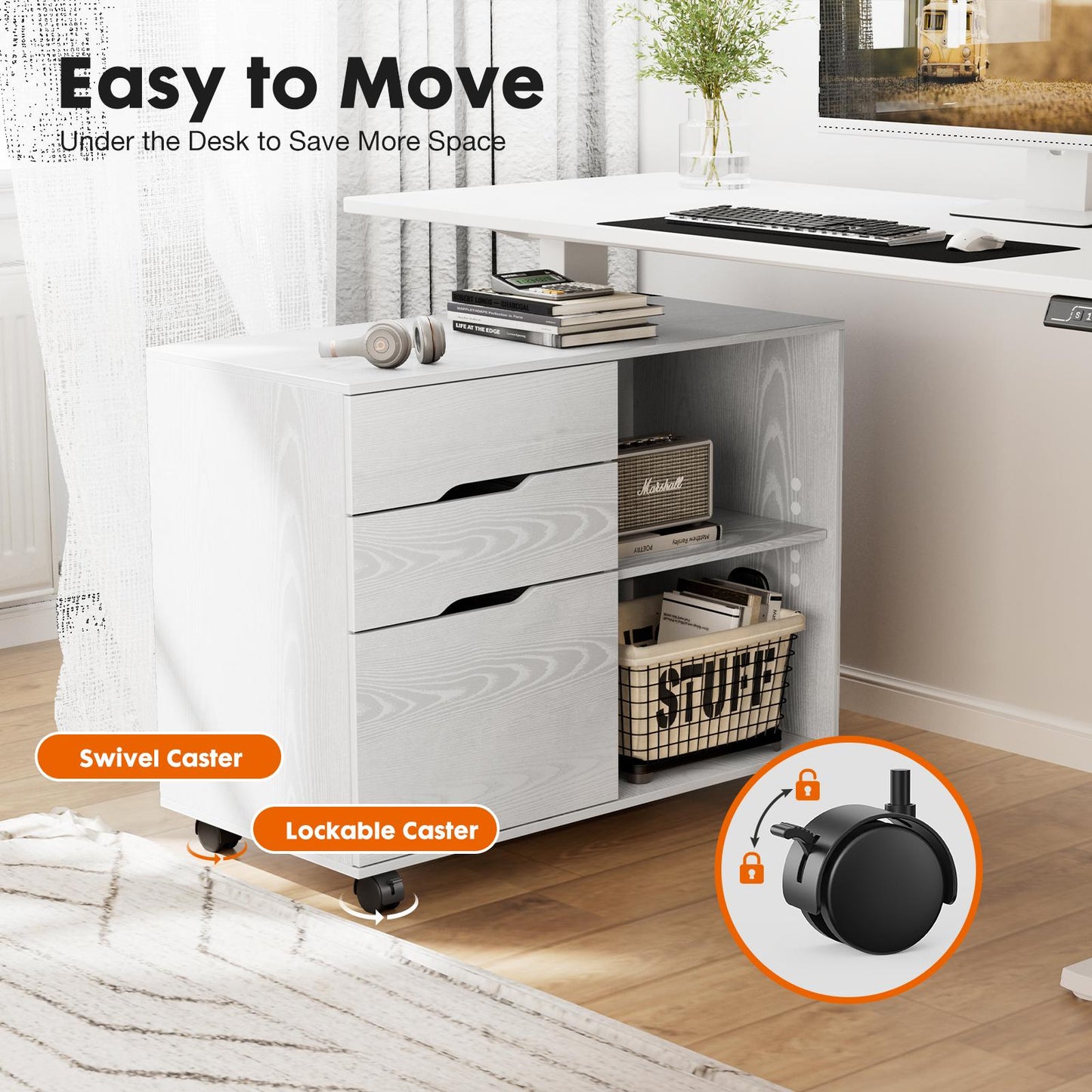 3-Drawer Wooden Filing Cabinet with Printer Stand and Storage