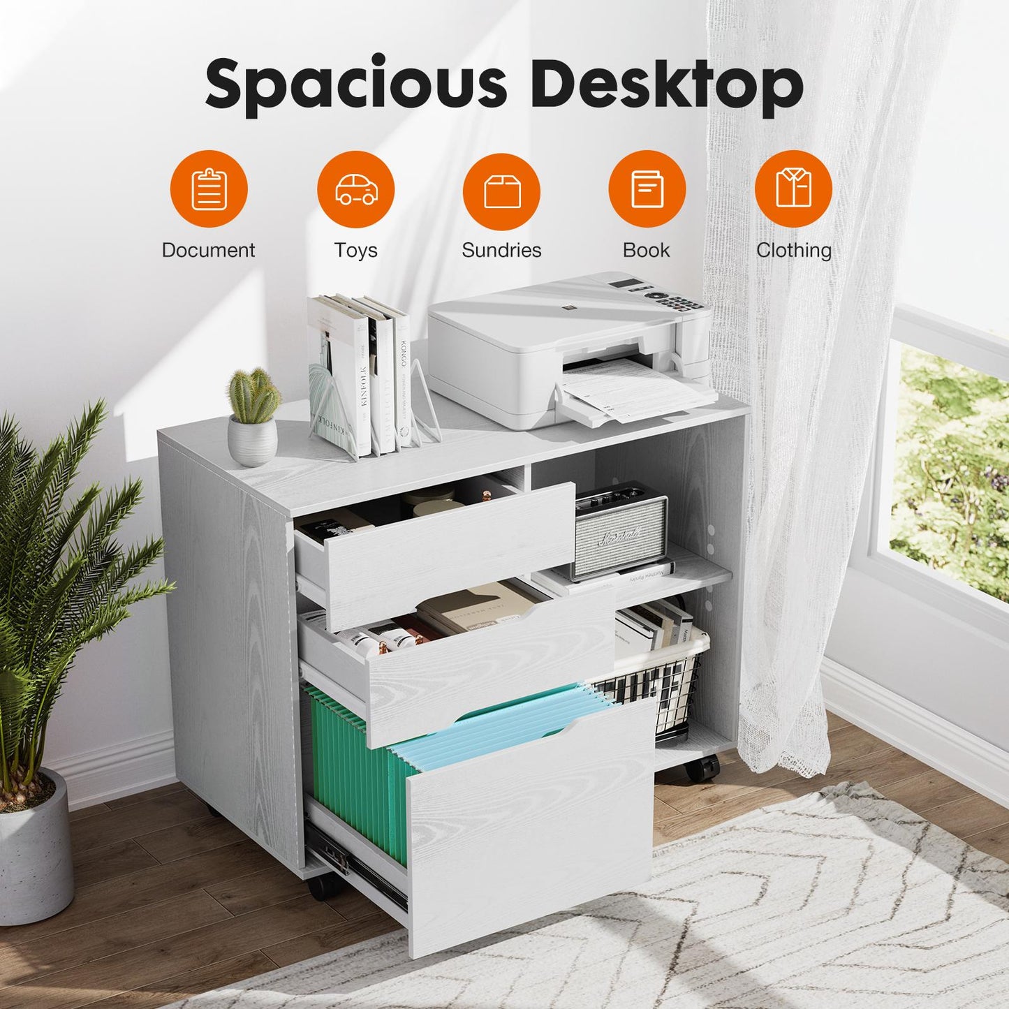3-Drawer Wooden Filing Cabinet with Printer Stand and Storage