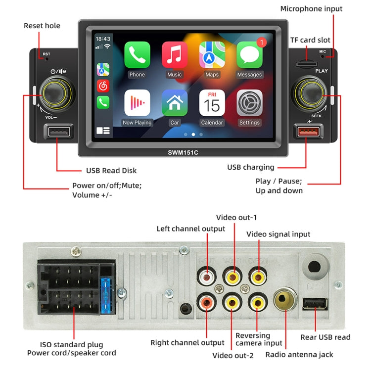5 Inch Portable Universal Car MP5 Player with CarPlay/Android Auto 