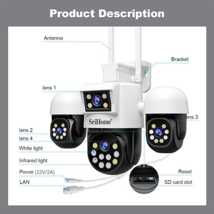 Cámara De Seguridad SriHome SH069 De 8 MP Zoom Digital 3X 4 Lentes HD