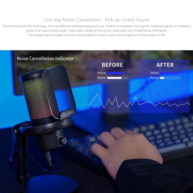 FEELWORLD VM1 USB Condenser Microphone with Noise Cancellation and RGB Light VM1-XS
