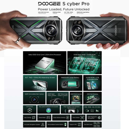 DOOGEE S Cyber Pro, huella dactilar lateral, visión nocturna, 12 GB + 512 GB, 6,6 pulgadas Android 14 Helio G100 Octa Core, red: 4G, OTG, NFC