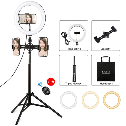 Puluz Dual Phone Holder (Horizontal Stand + 1.65M Tripod Mount + LED Ring) 10.2 Inch &amp; 26CM