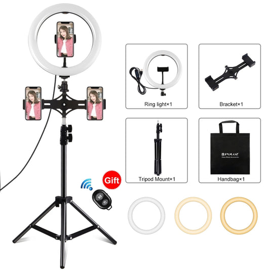 Luz PULUZ de 10,2 pulgadas y 26 cm + soporte para trípode de 1,1 m + soportes duales para teléfono USB 3 modos Regulable Temperatura de color dual Anillo de luz LED curvada difusa Vlogging Selfie Fotografía Luces de video con abrazadera para teléfono y...