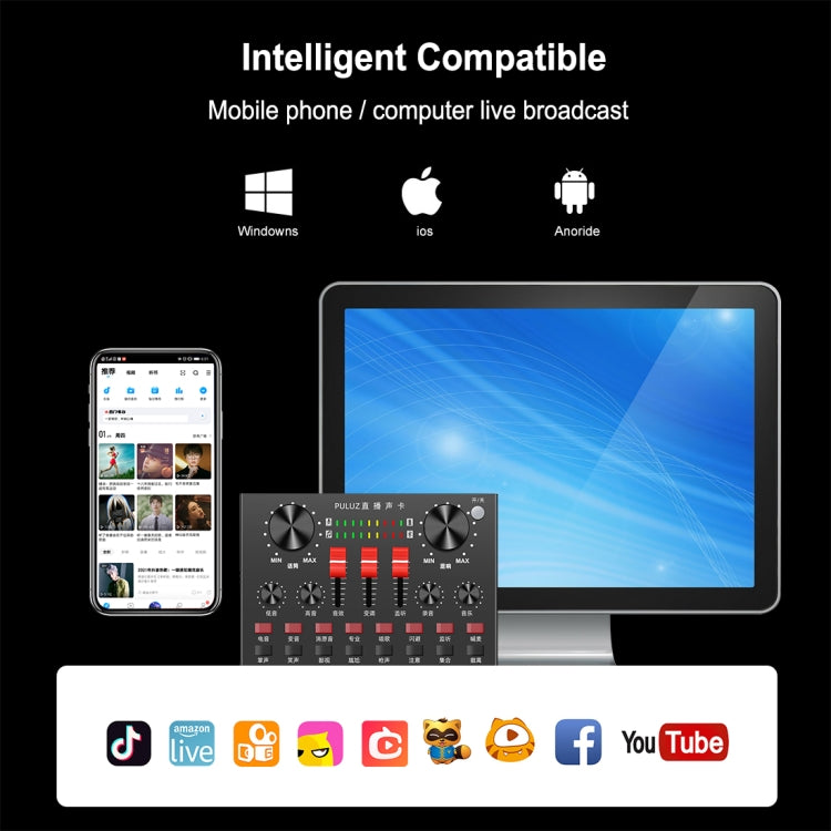 PULUZ Transmisión en vivo Tarjeta de sonido Bluetooth Karaoke Canto Grabación Mezclador de sonido para teléfono móvil / Computadora / Computadora portátil / Tablet PC, versión china, Chinese Version