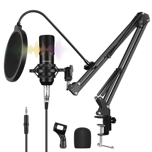 PULUZ Condenser Microphone Studio Streaming Professional Singing Microphone Kits with Suspension Scissor Arm, Metal Shock Mount and USB Sound Card, Microphone Kits (Black), Microphone Kits (Gold), Microphone Kits (Silver)