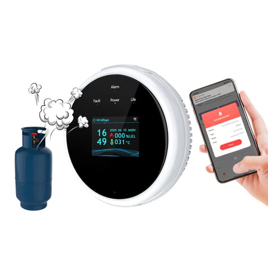 Detector de fugas de gas Tuya WiFi con función de reloj de temperatura compatible con alarma de voz humana, GS21