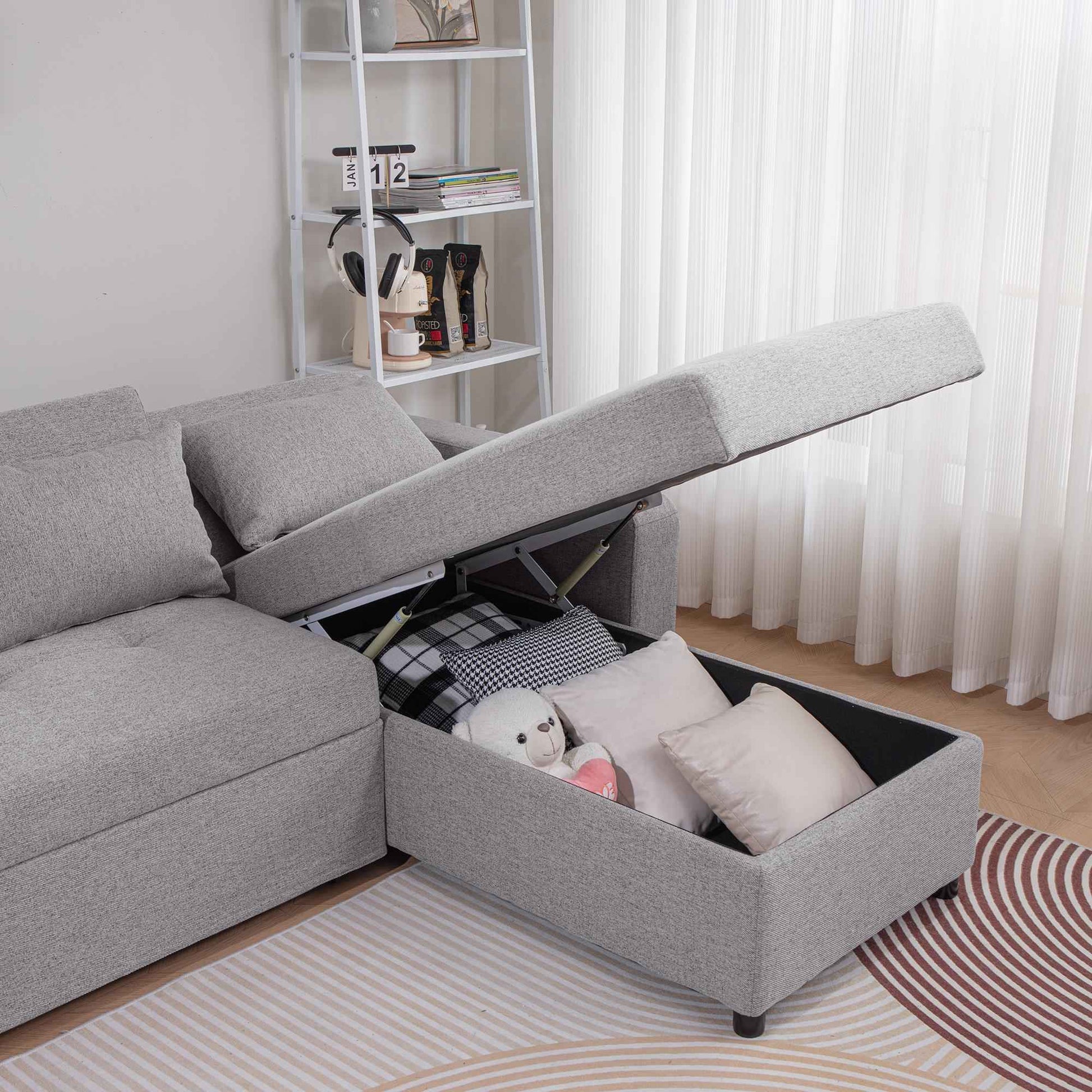 Sofá Cama Con Respaldo Ajustable de 84" 3 en 1 de Lino Con Puertos USB Y Portavasos - Alex Bazar Mx