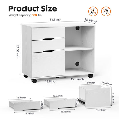 3-Drawer Wooden Filing Cabinet with Printer Stand and Storage