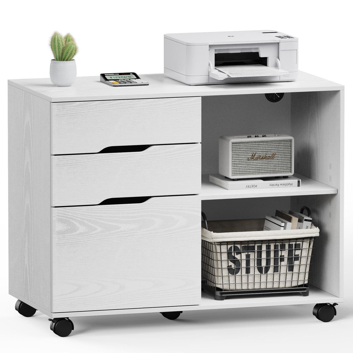 3-Drawer Wooden Filing Cabinet with Printer Stand and Storage